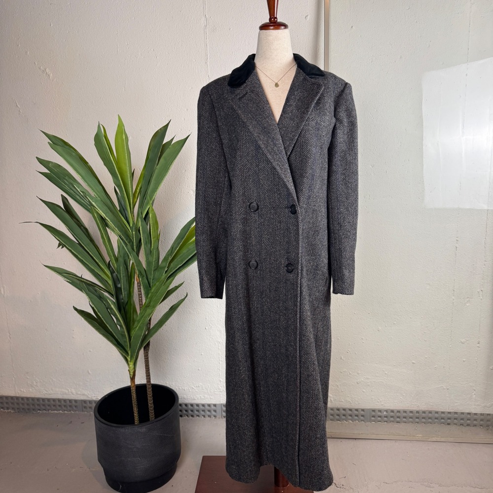 Heritage Equestrian Vintage 90's Herringbone 100% Wool Longline Coat Velvet S/M